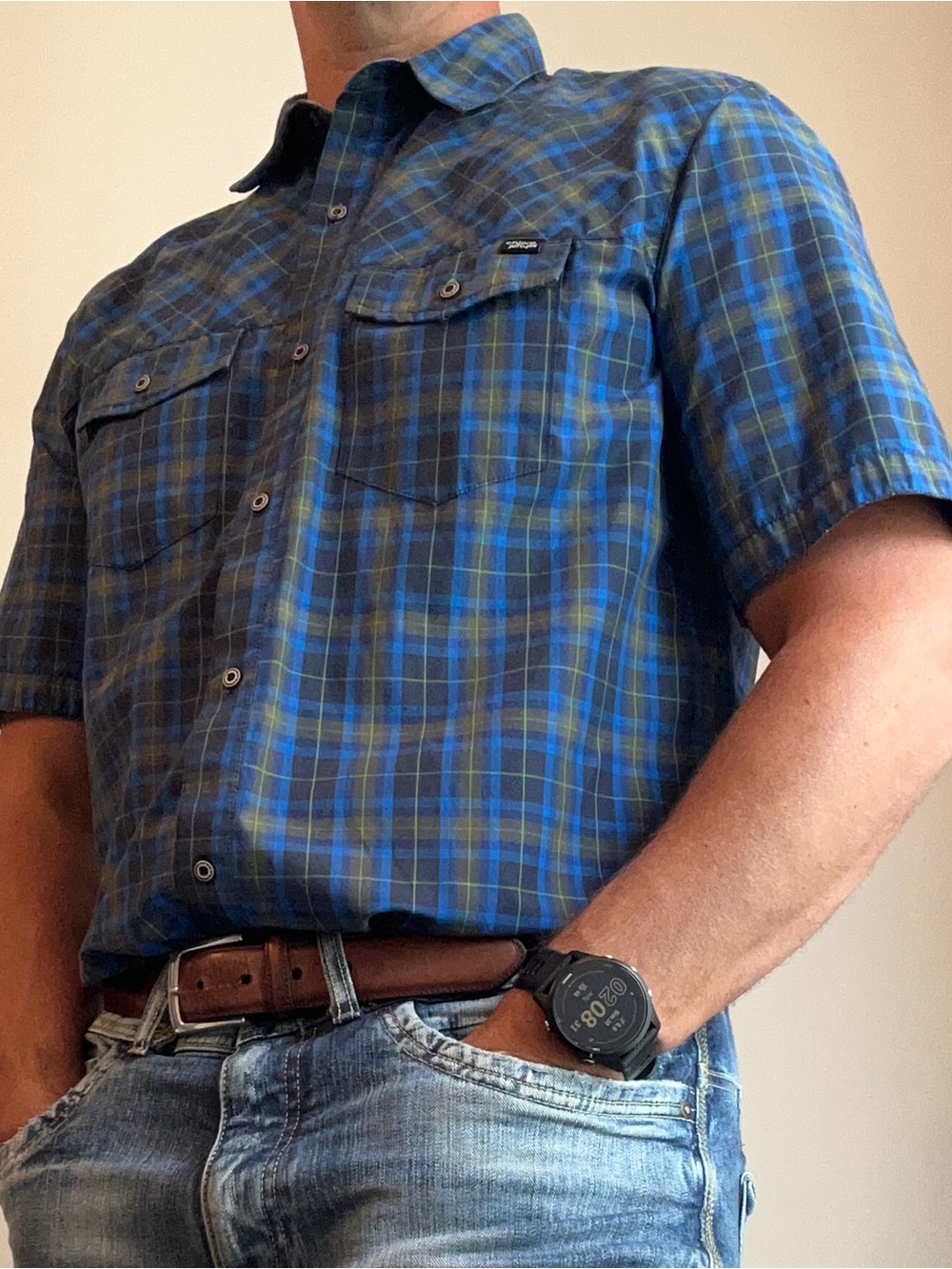 Chlorophylle Men's Plaid Short Sleeve Hiking Outdoor Shirt L Blue Yellow
